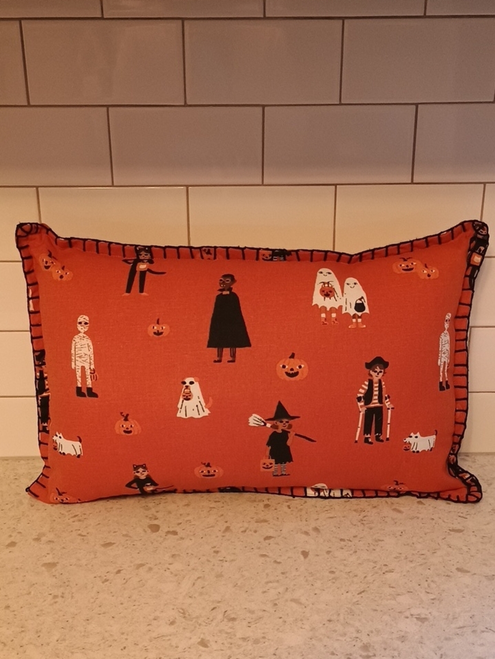 Halloween Orange Decorative Pillow with Spooky Character Print